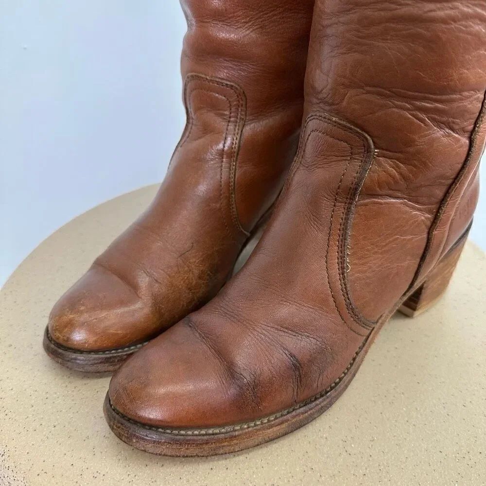 Frye Women’s Vintage 1970s Fold Cuff Knee Block Heel Cognac Leather Boot - Picture 7 of 14